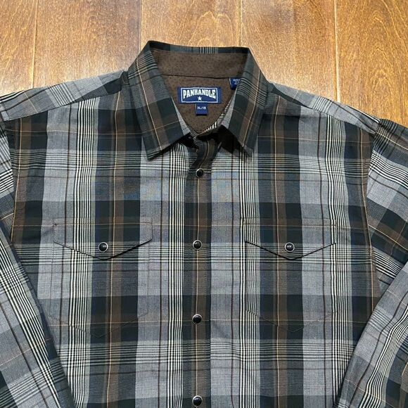 Panhandle Slim Snap Button Plaid Black Grey Shirt Cotton Boy's Size Extra Large - Picture 2 of 9